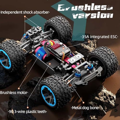 1/20 RC Cars for Adults Fast 55KPH, Electric Brushless Motor Off-Road RC Truck, 4WD Remote Control Car All Terrain, High Waterproof Speed Monster Truck, 3 Batteries(Blue) - color: 3 Batties(blue1)