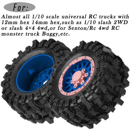 12mm/14mm/17mm RC Truck Wheel Tires for 1/10 Rustler Stampede Hoss,Granite Vorteks Big Rock,Axia 1 L0si Red cat Rc 4wd,Hard Plastic RC Truck Tires,RC Monster Truck Car Wheels,4PCS Pink - color: Pink&navy Blue