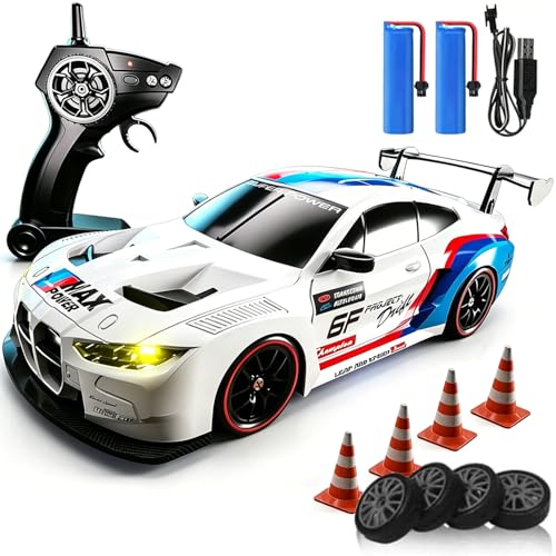 1:20 Scale 4WD RC Drift Car 2.4GHz Featuring LED Lights and Tyres Designed Specifically for Racing and Drifting, Comes with 2 Batteries Suitable for Beginners (White) - color: 25-white