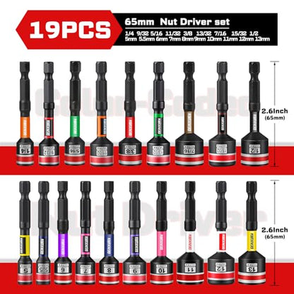 Impact Nut Driver Set, 19PC 2.56In Long 1/4 to 1/2 & 5mm to 13mm Magnetic Metric&SAE Nut Setter Set, 6 Point Alloy Steel 1/4” Hex Shank Impact Driver Stored in Portable Storage Cases - size: 2.56", style: 2.56"-S&M