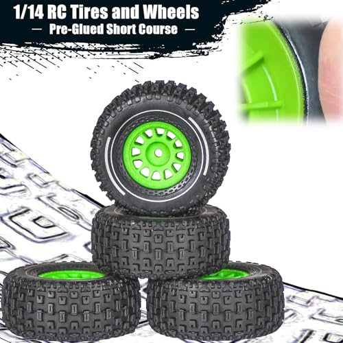 Pre-Glued 1/14 RC Truck Tires & Wheels (4PCS) - 12mm Hex All-Terrain Tires 2.56" OD - for Traxxas, ARRMA Mojave GROM,MJX Hyper Go 14301 14302 14303,Tamiya Kyosho HPI 1/14-1/18 Scale On/Off Road - color: Green