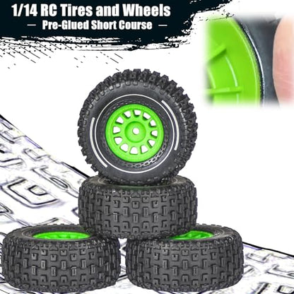 Pre-Glued 1/14 RC Truck Tires & Wheels (4PCS) - 12mm Hex All-Terrain Tires 2.56" OD - for Traxxas, ARRMA Mojave GROM,MJX Hyper Go 14301 14302 14303,Tamiya Kyosho HPI 1/14-1/18 Scale On/Off Road - color: Green