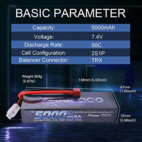 Gens ace 2S 7.4V 5000mAh 50C LiPo Battery Pack HardCase with T Plug for RC Car