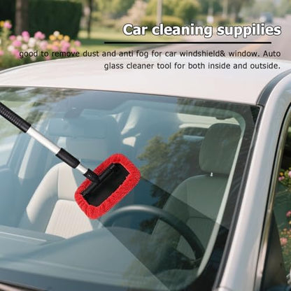 Car Windshield Cleaner Tool, Extendable Handle Pentagonal Vehicle Window Cleaning Kit with 4 Reusable Microfiber Pads & Spray Bottle, Auto Windscreen Detailing Cleaner, Universal Fit (Red) - size: Red