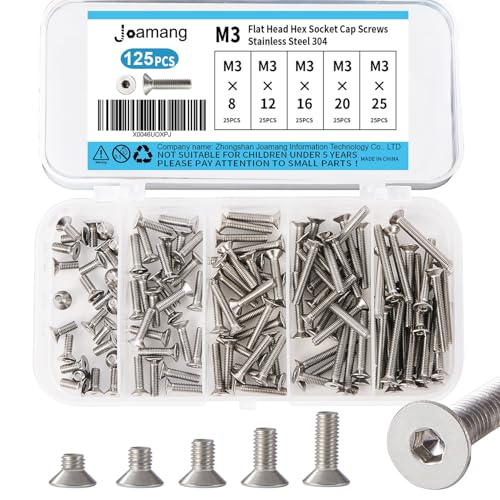M3 x 8mm 12mm 16mm 20mm 25mm Flat Head Hex Socket Cap Screws Countersunk Bolts, Stainless Steel 304, Metric Allen Hex Drive, Bright Finish, Fully Threaded, Assortment Kit 125PCS - size: M3 x 8/12/16/20/25 mm