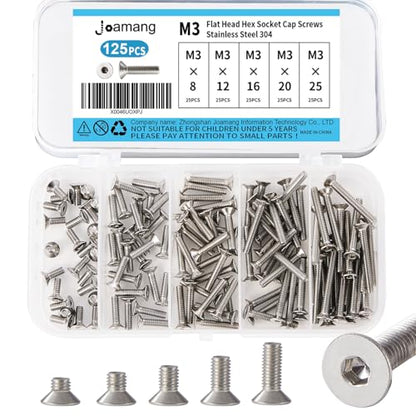 M3 x 8mm 12mm 16mm 20mm 25mm Flat Head Hex Socket Cap Screws Countersunk Bolts, Stainless Steel 304, Metric Allen Hex Drive, Bright Finish, Fully Threaded, Assortment Kit 125PCS - size: M3 x 8/12/16/20/25 mm