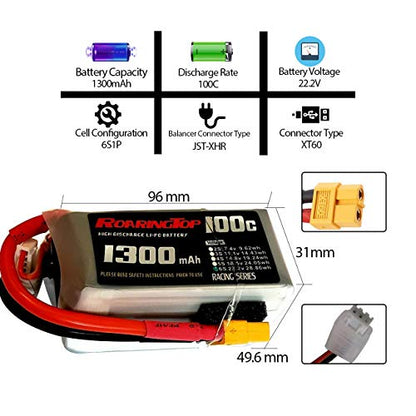 RoaringTop LiPo Battery Pack 100C 1300mAh 6S 22.2V with XT60 Plug for RC Car Boat Truck Heli Airplane