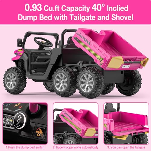 Hetoy 24V Ride on Dump Truck with Remote Control, Electric Dump Bed, Electric Utility Vehicles UTV 4WD Battery Powered 6 Wheeler Ride On Toys for Boys Girls (Pink) - color: Pink