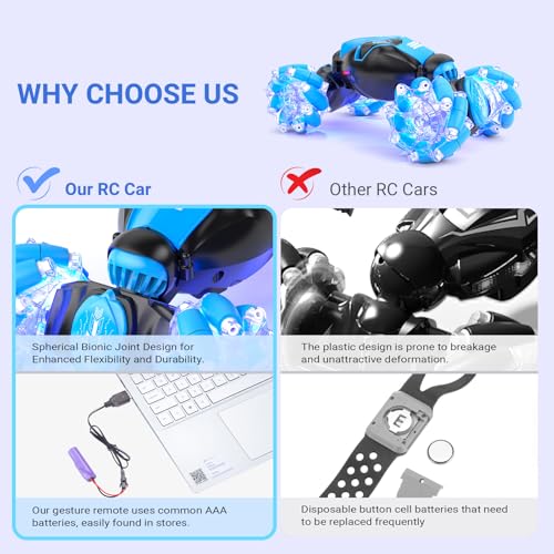 RC Stunt Car Toys for 6-12 Year Old Kids - 4WD Remote Control Watch - Gesture Sensor - Double Sided Rotating RC Car - Lights, Music - Perfect for Boys & Girls' Birthday-(Blue)