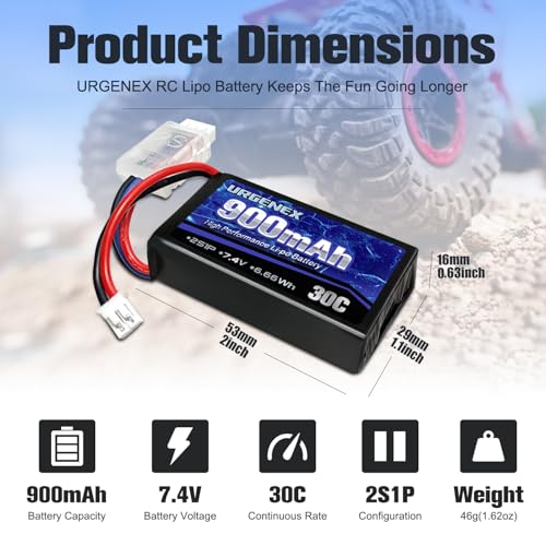 SCX24 Battery 7.4V Lipos 2S 30C(Burst 60C) 900mAh Rechargeable Lithium Battery with PH2.0 Plug Compatible with Most 1/10, 1/16, 1/18, 1/24 Scale RC Cars Trucks with 1TO2 USB Charger