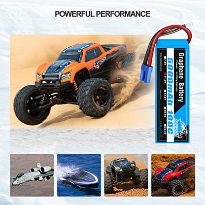 Yowoo 2 Packs Graphene Battery 5000mah 11.1V 3S 100C 3 Cell Battery Pack with EC5 Plug for Tracxas RC Cars Slash vxl Slash 4x4 vxl E-maxx Brushless Axial e-revo Brushless and Spartan Models - style: 3S 5000mAh EC5 (2 Pcak)