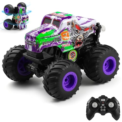 DYODYORC Remote Control Car, 2.4Ghz All Terrain Monster Truck Toys, RC Truck with Music, 3 Lighting Effects, 360 Stunt Capable, 2 Batteries Ready to Run, Toy Gifts for Boys and Girls (Purple) - color: Purple Wolf