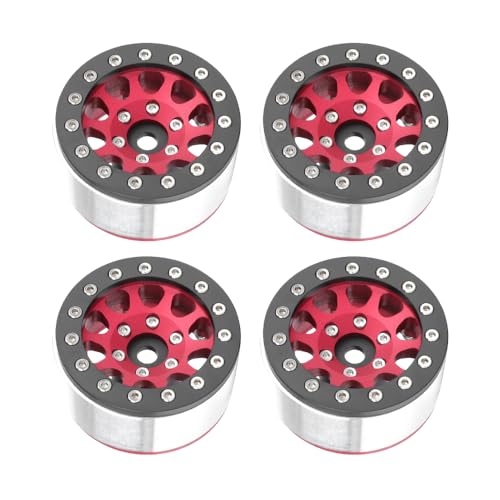 4PCS 1.55 Inch Aluminum Alloy Metal 10Holes Beadlock Wheel Rim Hubs Replacement Accessory for Tamiya AX90069 D90 TF2 CC01 CC02 1/10 RC Crawler Car Upgrade Parts (Black Red) - color: Black Red