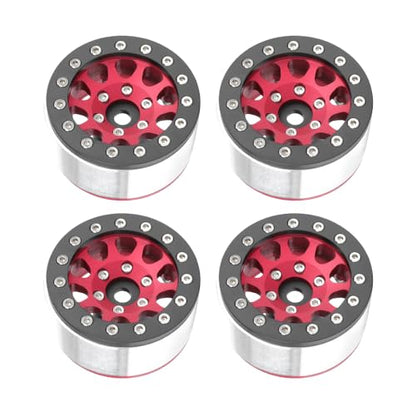 4PCS 1.55 Inch Aluminum Alloy Metal 10Holes Beadlock Wheel Rim Hubs Replacement Accessory for Tamiya AX90069 D90 TF2 CC01 CC02 1/10 RC Crawler Car Upgrade Parts (Black Red) - color: Black Red