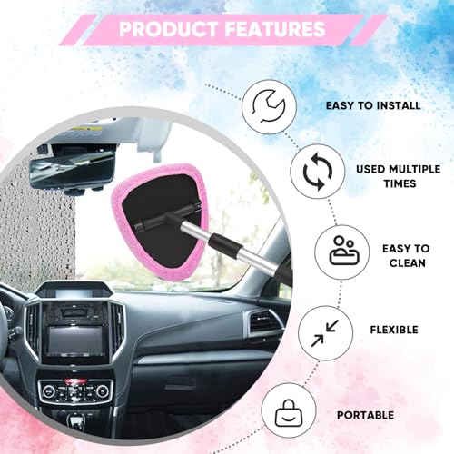 Windshield Cleaning Tool, Car Window Cleaner with Extendable Handle, 4 Microfiber Pads and Spray Bottle, Auto Interior Exterior Glass Wiper Cleaning Kit Universal for RV, SUV, Truck (Pink) - color: Pink