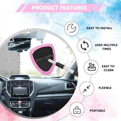 Windshield Cleaning Tool, Car Window Cleaner with Extendable Handle, 4 Microfiber Pads and Spray Bottle, Auto Interior Exterior Glass Wiper Cleaning Kit Universal for RV, SUV, Truck (Pink) - color: Pink