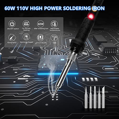 Soldering Iron Kit, 60W 110V Soldering Irons, Adjustable Temperature Soldering Welding Tool Kit with Extra 5pcs Tips, Stand, Sponge, Solder Wire - color: 60w 9-in-1