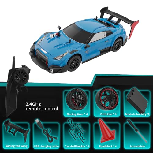RC Drift Car, 1:14 4WD 40KM/H High Speed RC Racing Car with LED Lights, 2 Batteries, Drifting and Racing Tires for Adults (Light Blue) - color: Light Blue