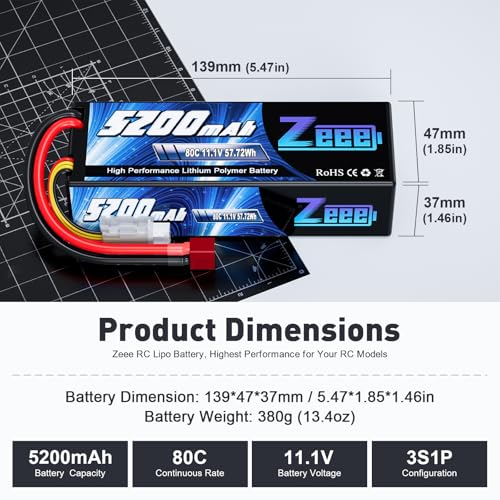 Zeee 3S 5200mAh Lipo Battery 11.1V 80C Hardcase Battery with T Connector for RC Car Boat Truck Helicopter Airplane Racing Models(2 Pack)