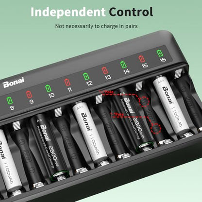 Bonai Rechargeable AA and AAA Batteries with Charger, 8 x 2800mAh AA & 8 x 1100mAh AAA & 16 Bay Advanced Individual Fast Battery Charge with American AC Plug