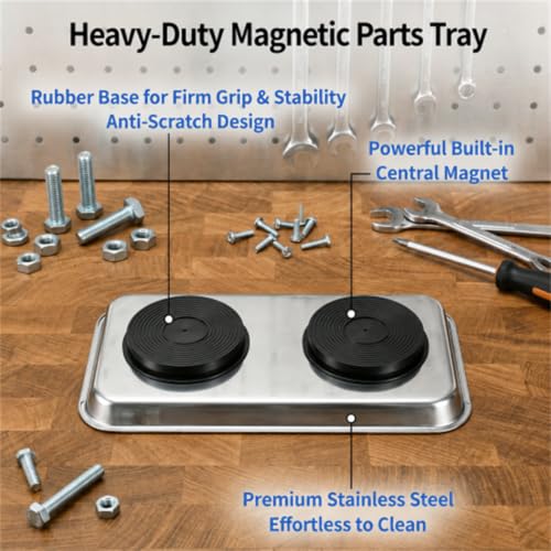 Okllen 6 Pcs Magnetic Parts Tray Set, Stainless Steel Heavy Duty 9.5"W x 5.5''L Square and 4 1/4" Round Extra Strong Magnetic Tool Trays Holder for Socket Screw Nuts Bolts Metal Parts