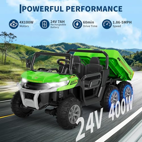 Hetoy 24V 2-Seater Ride On Dump Truck with Parent Remote Control, 4WD 6-Wheel Electric Car for Big Kids, UTV Style Dump Bed & Music Horn, ASTM/CPSIA Certified (Ages 3+) (Green) - color: Green