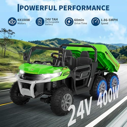 Hetoy 24V 2-Seater Ride On Dump Truck with Parent Remote Control, 4WD 6-Wheel Electric Car for Big Kids, UTV Style Dump Bed & Music Horn, ASTM/CPSIA Certified (Ages 3+) (Green) - color: Green