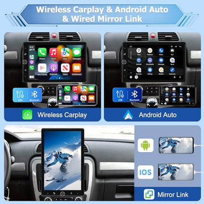 NHOPEEW Rotatable Single Din Car Stereo with Wireless Carplay and Android Auto - 10.4 Inch Vertical Touch Screen Car Radio - Bluetooth/Mirror Link/SWC/FM + 12leds Backup Camera & Microphone