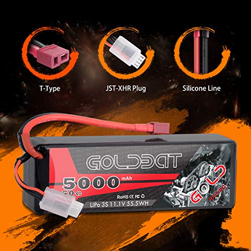 GOLDBAT 11.1V 5000mAh 3S 50C LiPo RC Battery Hard Case Pack with T Connector for Emaxx Axial RC Car Truck Buggy Truggy Vehicle - size: 1 PACK