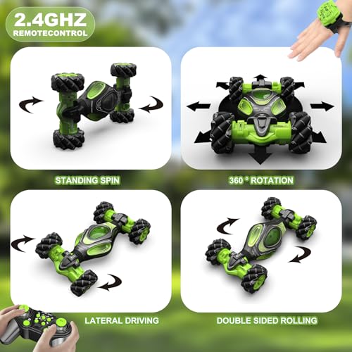 1:12 Scale Gesture Sensing RC Stunt Car for Boys 6-12, 4WD Remote Control Toy with Lights Sound, Best Birthday Gift for Kids, 2.4Ghz Hand Control Drift Cool Birthday Presents - style: 1:12 Green Black