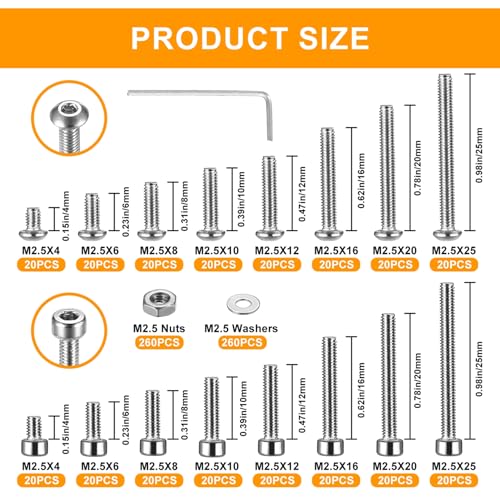 840 Pcs M2.5 Small Metric Screws with Nuts, Hex Socket Head Cap and Nut Assortment Kits, Stainless Steel Replacement Machine Fastener Screws and Bolts Nuts (M2.5 840 Silver) - color: M2.5 840 Silver