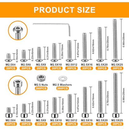 840 Pcs M2.5 Small Metric Screws with Nuts, Hex Socket Head Cap and Nut Assortment Kits, Stainless Steel Replacement Machine Fastener Screws and Bolts Nuts (M2.5 840 Silver) - color: M2.5 840 Silver