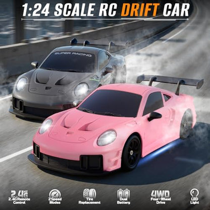 RC Drift Car, 1:24 4WD Remote Control Cars Vehicle with LED Light,2.4GHz 20KM/H High Speed RC Cars with Two Batteries & Drifting Tires Racing Sport Toy for Adults Boys Girls Kids Pink - color: Pink