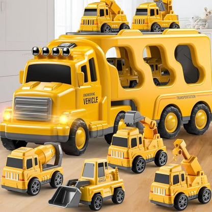JUKUDAHU Construction Trucks for Kids 3-5 Years Old - Transport Vehicle | 1 Carrier Trucks for Kids with 4 Car Toy, Kids Excavator Crane, Sound and Light, 3+ Year Old Boy Gifts Birthday Toy - style: 5 IN 1 Construction Truck