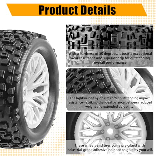 Pre-Glued 1/16 & 1/18 RC Monster Truck Tires, Soft Rubber Tire and Nylon Wheels Rims with 12mm hex Compatible with ARRMA 1/18 Granite/Typhon Grom, WLtoys A949, MJX Hyper Go H16 RC Buggy, 4PCS (White) - color: White