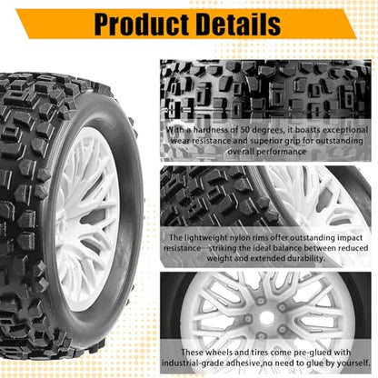Pre-Glued 1/16 & 1/18 RC Monster Truck Tires, Soft Rubber Tire and Nylon Wheels Rims with 12mm hex Compatible with ARRMA 1/18 Granite/Typhon Grom, WLtoys A949, MJX Hyper Go H16 RC Buggy, 4PCS (White) - color: White