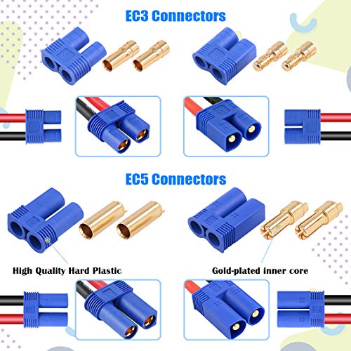 Glarks 76pcs T-Plug / XT60 / XT90 / EC3 / EC5 Male & Female Plug Adapter Connectors Kit [Including: 14 GA Silicone Wire and Shrink Tubing] for RC Lipo Battery Accessories