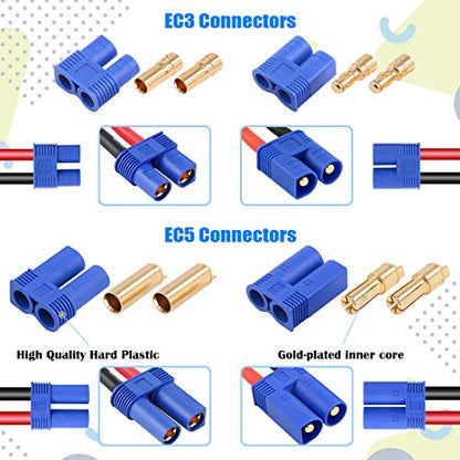 Glarks 76pcs T-Plug / XT60 / XT90 / EC3 / EC5 Male & Female Plug Adapter Connectors Kit [Including: 14 GA Silicone Wire and Shrink Tubing] for RC Lipo Battery Accessories
