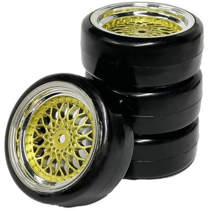 4PCS 1/10 RC Drift Car Tires Smooth Hard Tyre Plastic Plating Wheel Rims Set Replacement for HSP Tamiya HPI Kyosho On-Road Drifting Car (Gold Silver) - color: Gold Silver