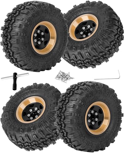 1.0in Beadlock RC Wheels and Tires for 1/18 Trx4m,1/24 SCX24 RC Crawler Car,1.0 Beadlock Rims & 1.0 Beadlock Tires,Brass Wheels Soft Sticky Rubber Tires,4PCS(Style B)