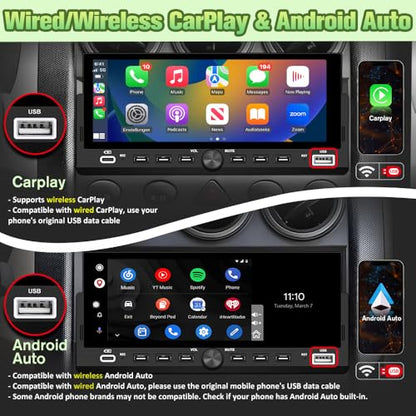 Single Din Radio Car Stereo with Wireless CarPlay & Android Auto | 6.86" IPS Touch Screen, Backup Camera, External Microphone, Bluetooth, SWC, FM, USB, RGB Button Backlighting