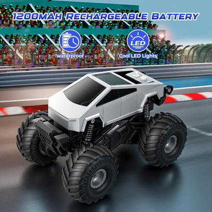 1:18 Amphibious 4WD Cyber RC Monster Truck, 2.4GHz Waterproof Stunt Car w/Charging Dock Gift for Boys 4+ - color: Silvery