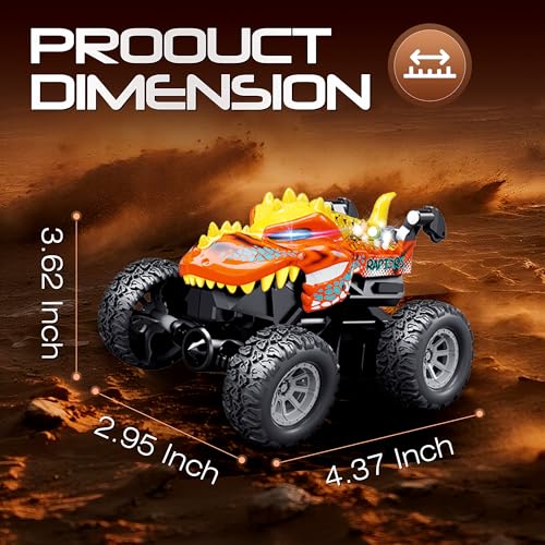 MOONTOY Dinosaur Remote Control Car, Mini Remote Control Truck with 360° Spins, 2.4GHz Rc Car with Lights and Rechargeable Batteries, Metal Body Monster Truck Toys for Kids and Adults(Yellow)