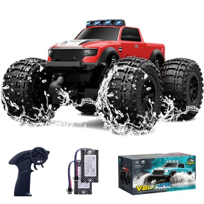 Amphibious Remote Control Car Waterproof Monster Truck Toys for Kid 4WD All Terrain Off Road RC Cars 2.4G RC Trucks 2 Batteries Drift RC Stunt Cars for Boys Age 8-12 Kids Gifts (RED) - color: Red