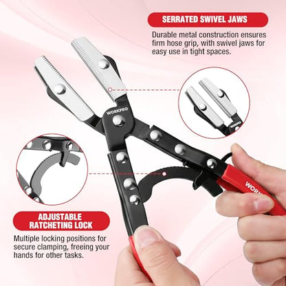 WORKPRO 10" Ratcheting Hose Pinch Off Pliers, Locking Hose Clamp Pliers | Ergonomic Grip for Radiator, Coolant, Automotive, Fuel Lines - Easy One-Handed Operation, Adjustable Jaw - color: Red