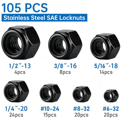 105 Pack Lock Nuts, Black 304 (A2-70) Nylon Insert Locknuts | #6-32#8-32#10-24 1/4-20 5/16-18 3/8-16 1/2-13 Lock Nuts, Stainless Steel, Standard Inch Thread Nylock Nuts - color: Black, size: SAE