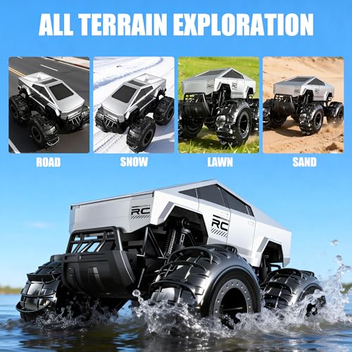 Amphibious Remote Control Truck Toy, 1:16 4WD 2.4GHz Waterproof RC Monster Car Off Road All-Terrain with Headlights and Rechargeable Battery Gifts for Kids Adults Age 6+