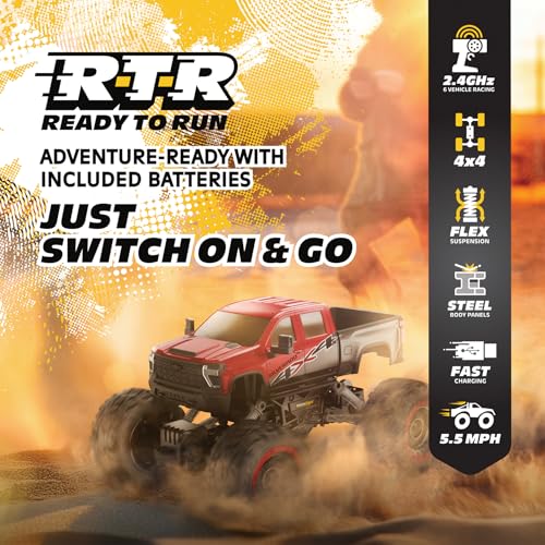RC 4WD Heavy Metal Chevrolet Silverado Truck – 1:14 Scale Remote Control Car, Stamped Metal Body, 2.4GHz Full-Function Radio Control, USB Rechargeable, Ready to Run, Red
