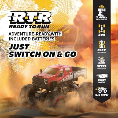 RC 4WD Heavy Metal Chevrolet Silverado Truck – 1:14 Scale Remote Control Car, Stamped Metal Body, 2.4GHz Full-Function Radio Control, USB Rechargeable, Ready to Run, Red