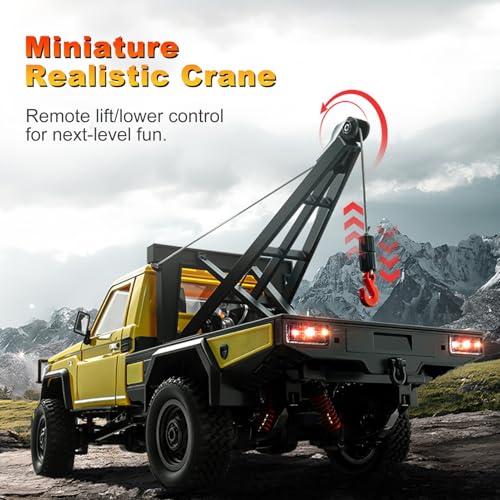 MN-82T RC Rock Crawler, 1:12 Scale 4WD Upgraded RC Truck with Crane Hook, 2.4Ghz Off Road Toy Pickup Truck with Lights, All Terrain Wrecker Vehicle for Teen Adults (Yellow) - color: Yellow